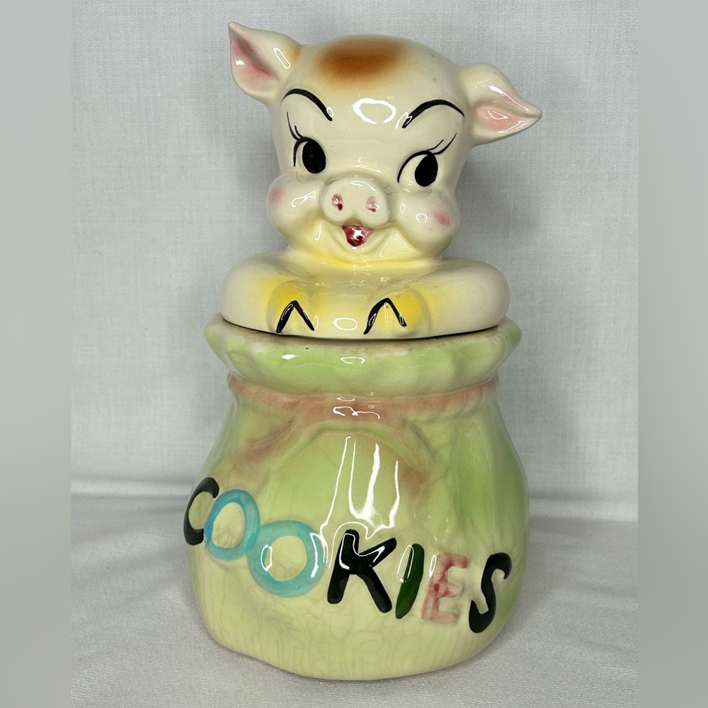 Pig In a Poke Cookie Jar with Colorful Letters VTG Canister, Country Cottage 12”